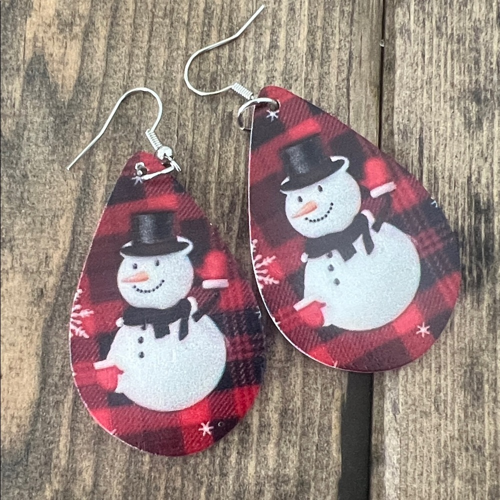 Snowman Wood Teardrop Earrings
